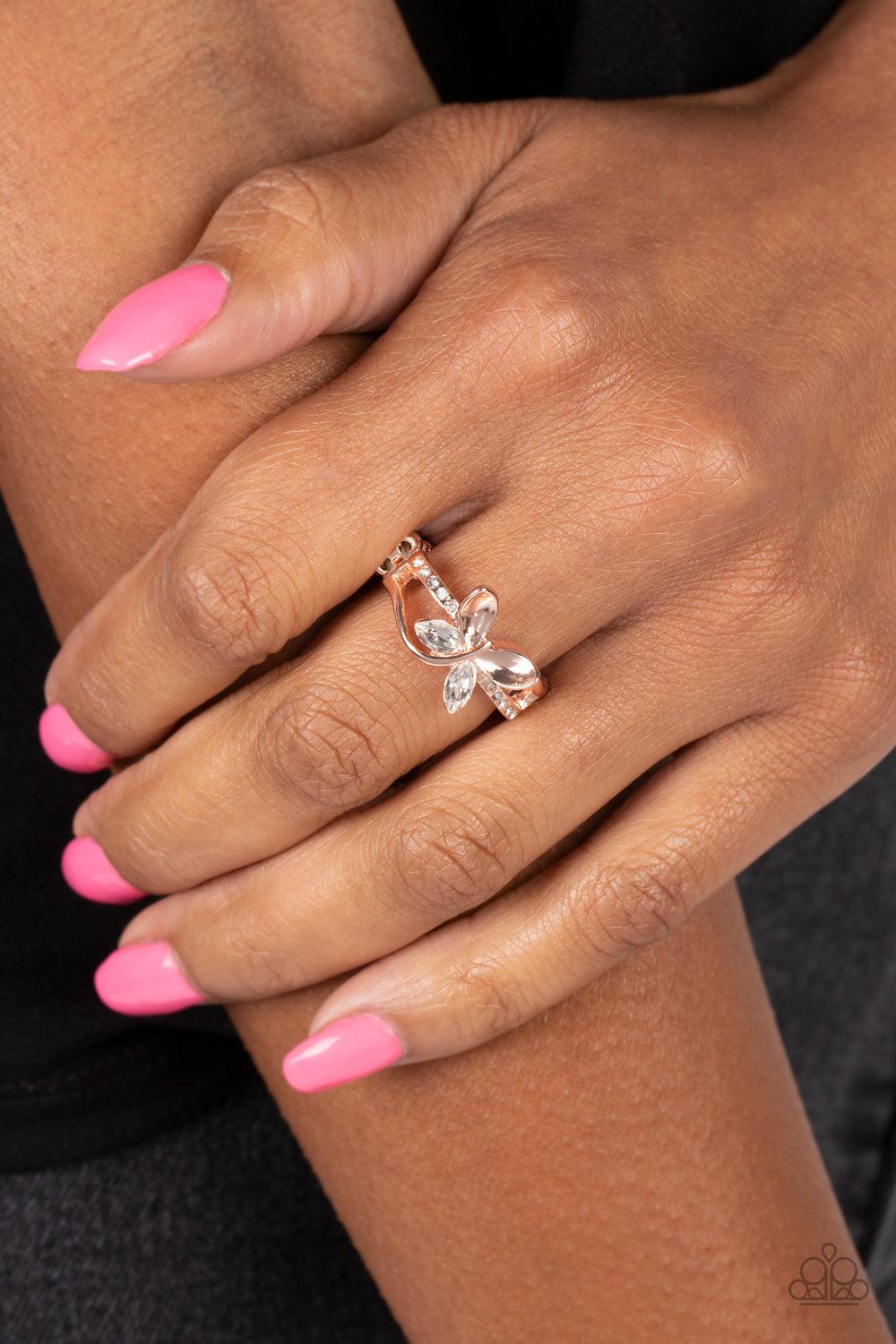 Fetching Flutter Rose Gold Butterfly Ring - Paparazzi Accessories- on model - CarasShop.com - Paparazzi Jewelry by Cara Jewels