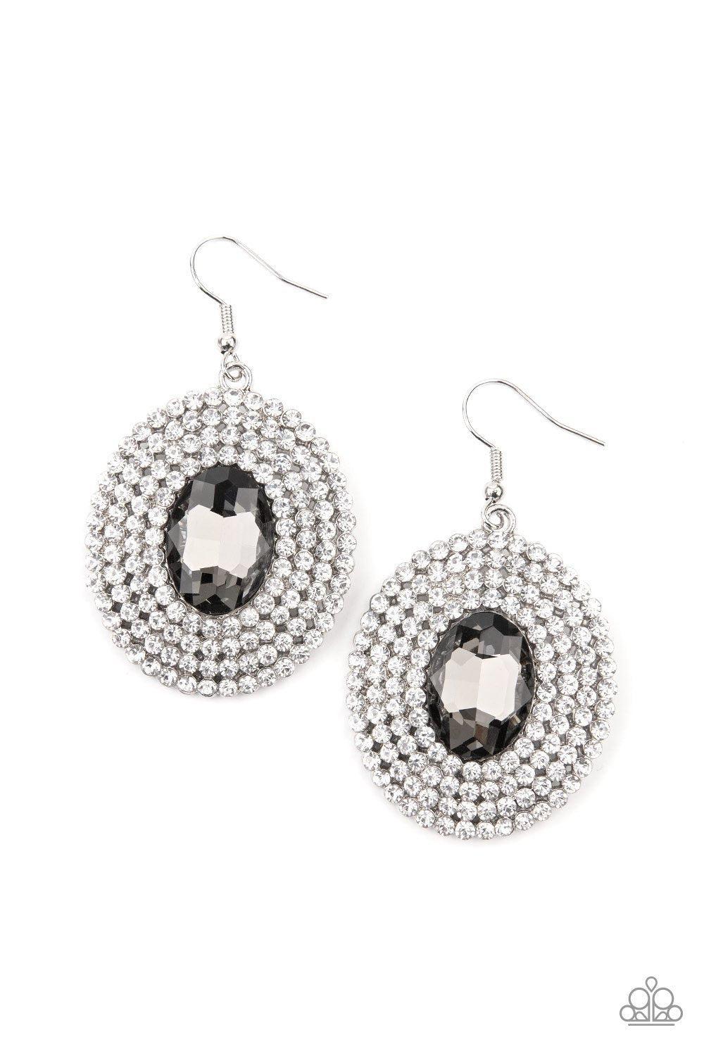 FIERCE Field Silver and White Rhinestone Earrings - Paparazzi Accessories- lightbox - CarasShop.com - Paparazzi Jewelry by Cara Jewels