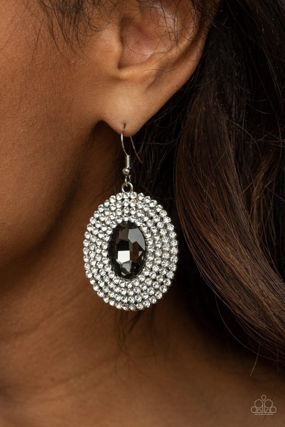 FIERCE Field Silver and White Rhinestone Earrings - Paparazzi Accessories- on model - CarasShop.com - Paparazzi Jewelry by Cara Jewels