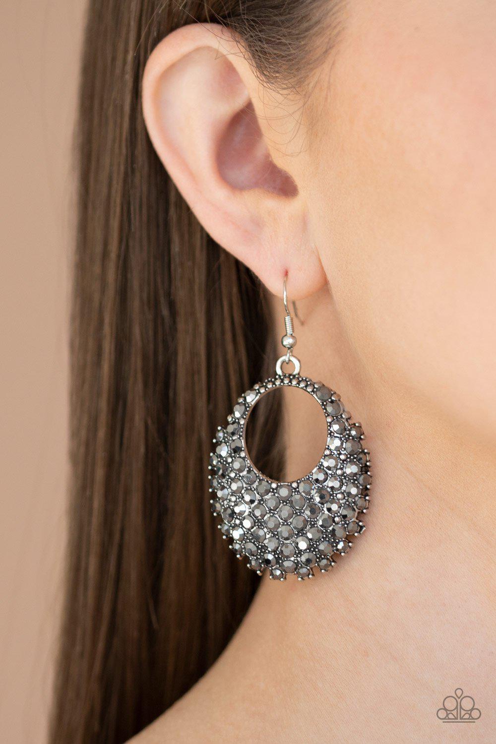 Fierce Flash Silver Hematite Earrings - Paparazzi Accessories- on model - CarasShop.com - Paparazzi Jewelry by Cara Jewels