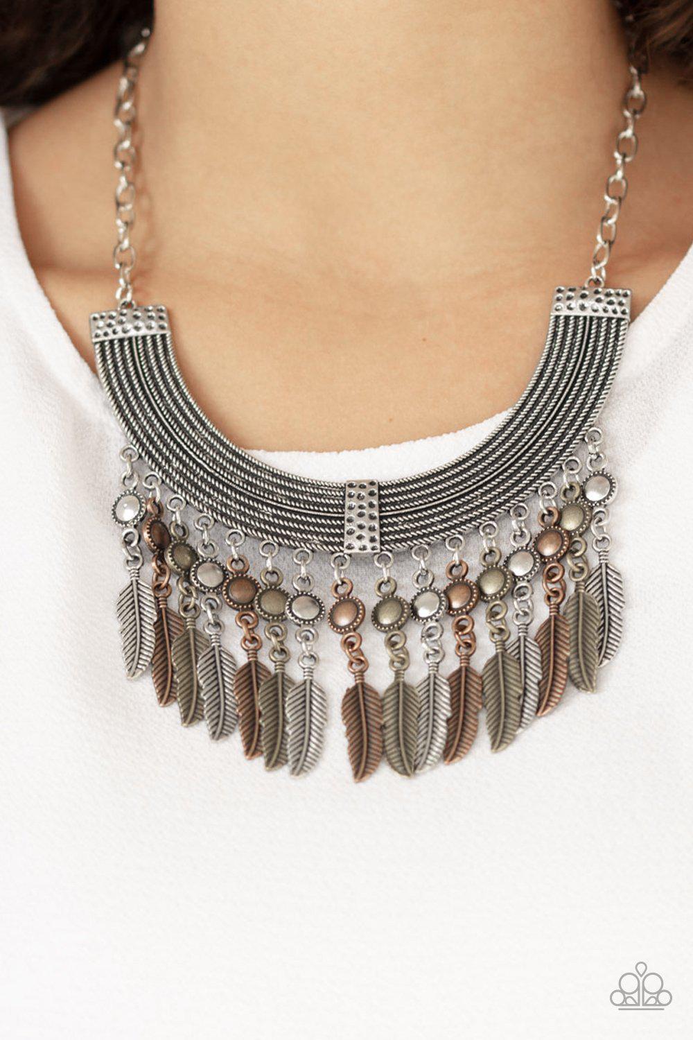 Fierce In Feathers Multi - Silver, Copper and Brass Necklace - Paparazzi Accessories- on model - CarasShop.com - Paparazzi Jewelry by Cara Jewels