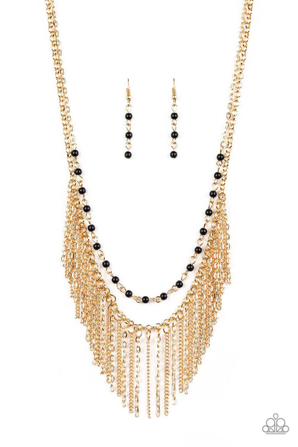 Fierce In Fringe Gold and Black Necklace - Paparazzi Accessories- lightbox - CarasShop.com - Paparazzi Jewelry by Cara Jewels