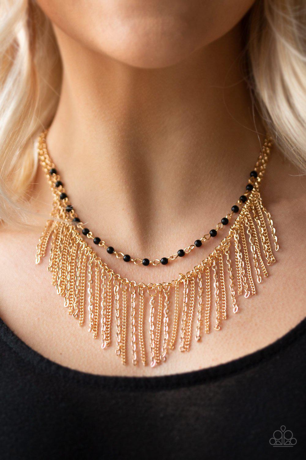 Fierce In Fringe Gold and Black Necklace - Paparazzi Accessories- lightbox - CarasShop.com - Paparazzi Jewelry by Cara Jewels