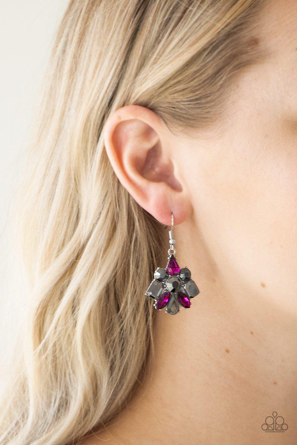 Fiercely Famous Multi Pink and Hematite Rhinestone Earrings - Paparazzi Accessories- on model - CarasShop.com - Paparazzi Jewelry by Cara Jewels