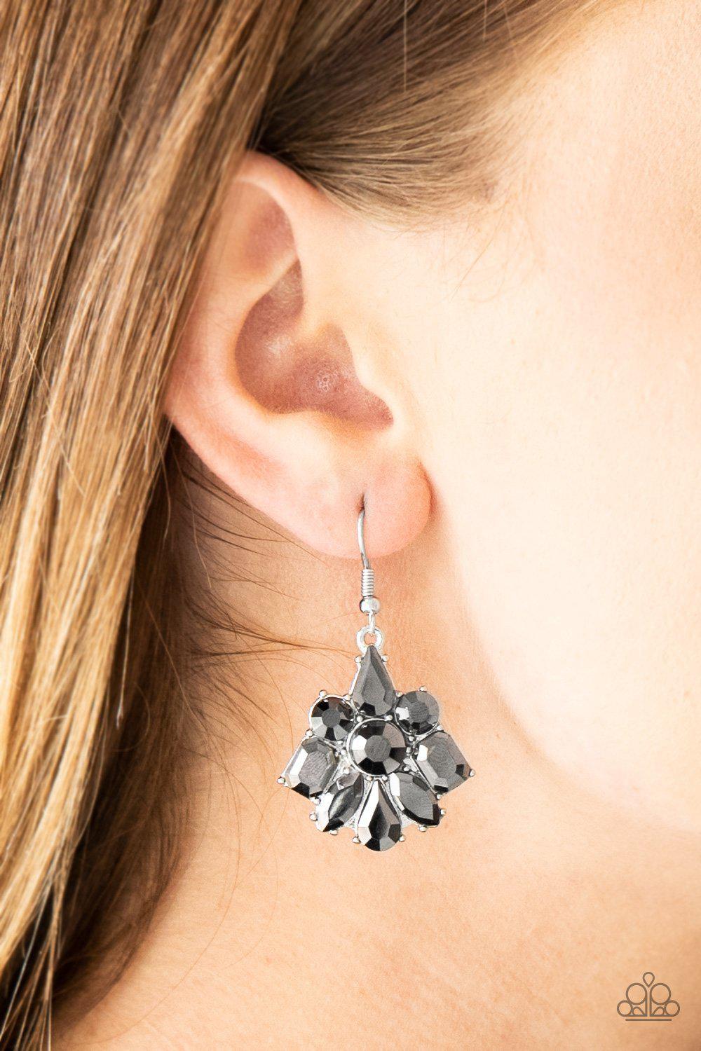 Fiercely Famous Silver Hematite Rhinestone Earrings - Paparazzi Accessories- on model - CarasShop.com - Paparazzi Jewelry by Cara Jewels