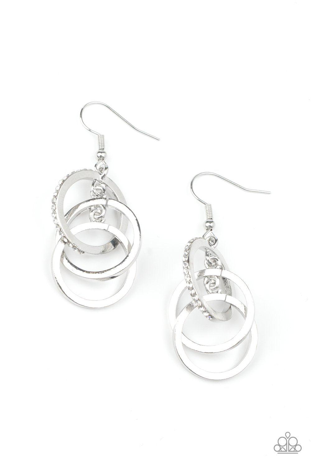 Fiercely Fashionable White Rhinestone and Silver Interlocking Hoop Earrings - Paparazzi Accessories- lightbox - CarasShop.com - Paparazzi Jewelry by Cara Jewels