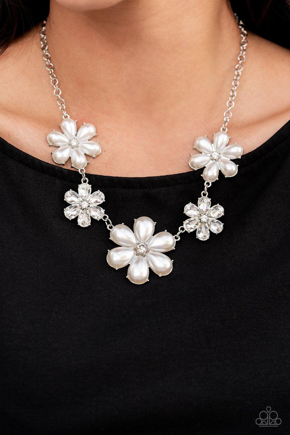 Fiercely Flowering White Pearl and Rhinestone Flower Necklace - Paparazzi Accessories- on model - CarasShop.com - Paparazzi Jewelry by Cara Jewels