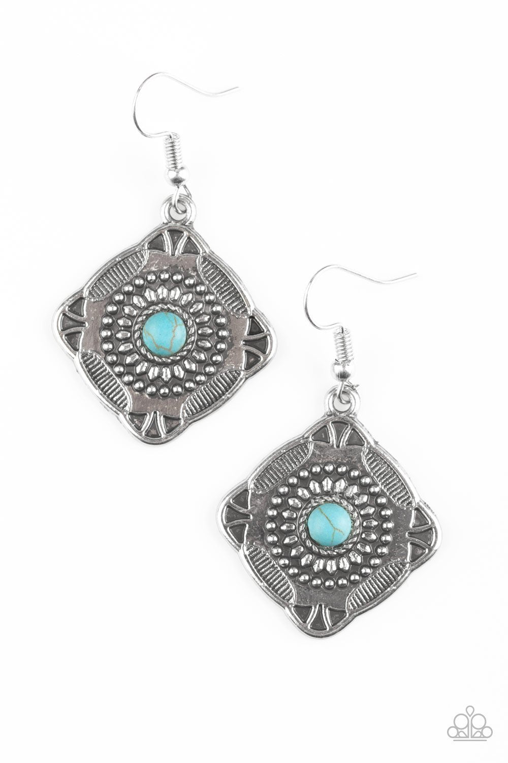 Fiercely Four Corners Blue Earrings - Paparazzi Accessories- lightbox - CarasShop.com - Paparazzi Jewelry by Cara Jewels