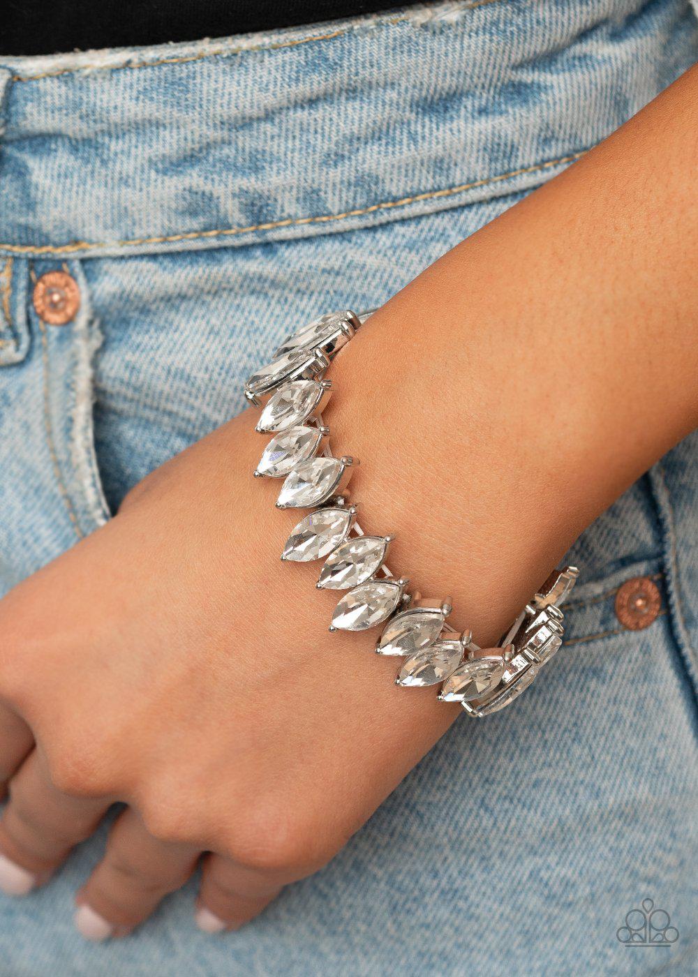 Fiercely Fragmented White Rhinestone Bracelet - Paparazzi Accessories- on model - CarasShop.com - Paparazzi Jewelry by Cara Jewels