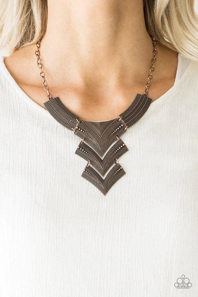 Fiercely Pharaoh Copper Necklace - Paparazzi Accessories- on model - CarasShop.com - Paparazzi Jewelry by Cara Jewels