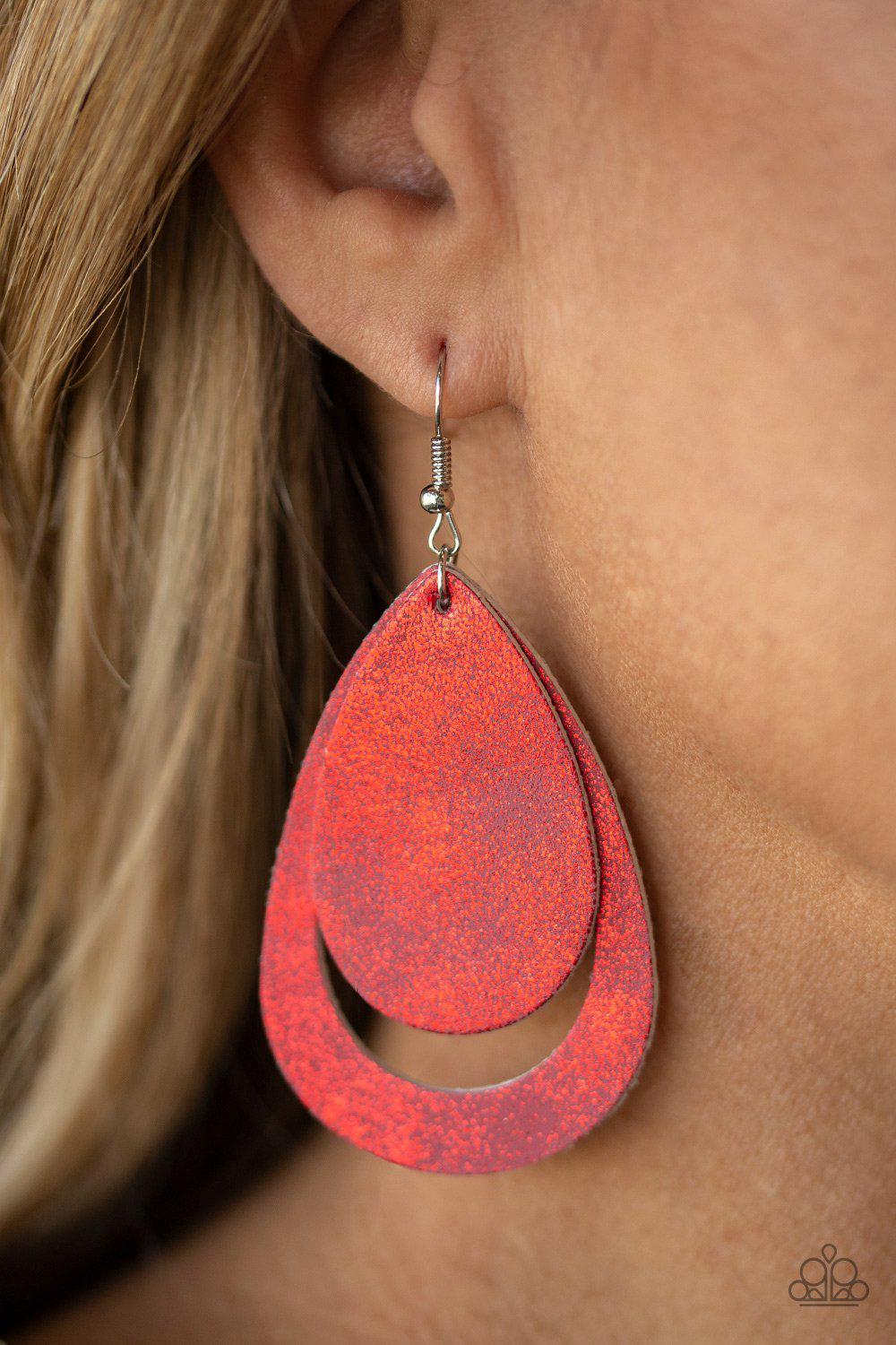 Fiery Firework Red Leather Earrings - Paparazzi Accessories- on model - CarasShop.com - Paparazzi Jewelry by Cara Jewels