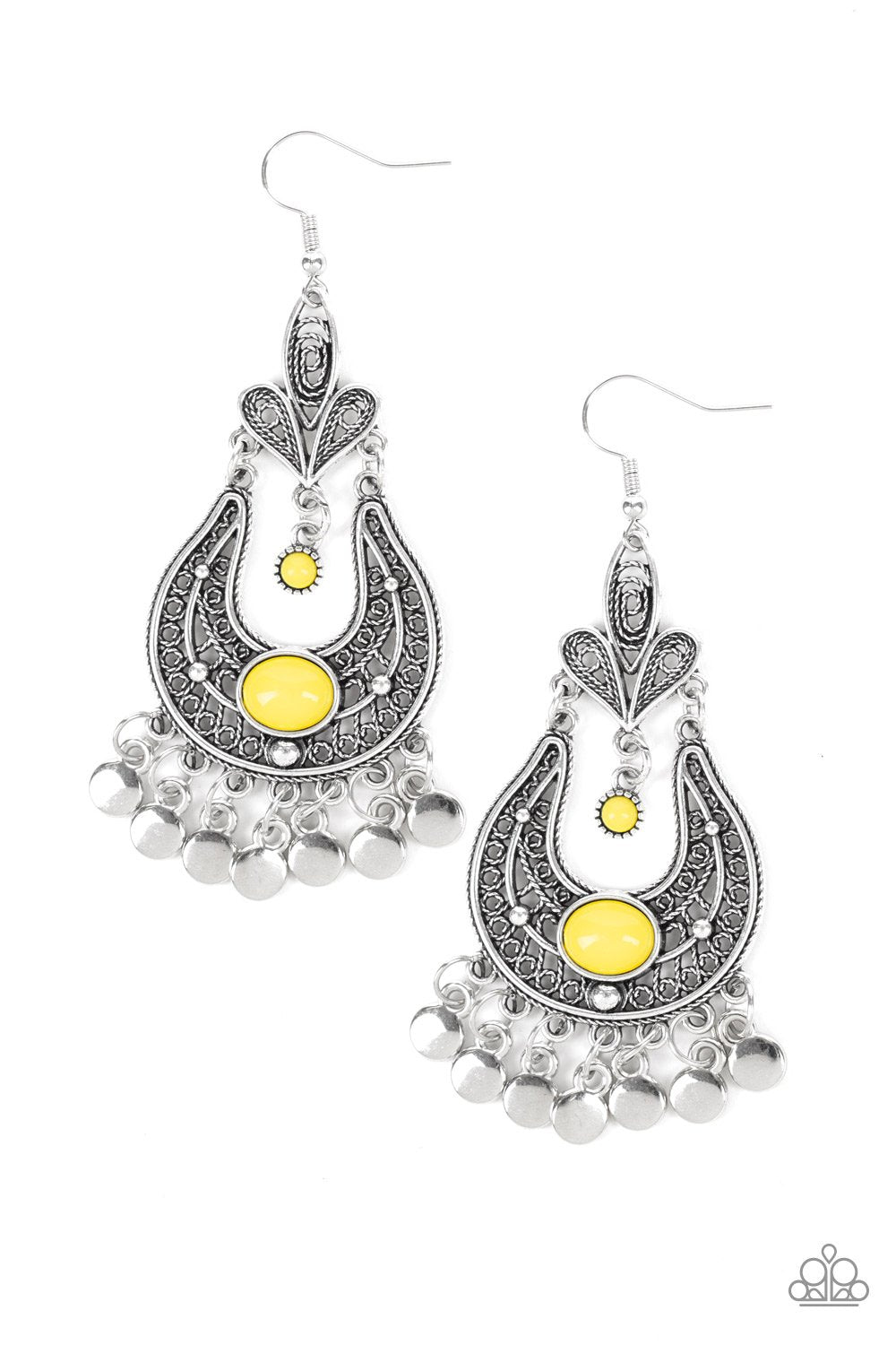 Fiesta Flair Yellow and Silver Earrings - Paparazzi Accessories- lightbox - CarasShop.com - Paparazzi Jewelry by Cara Jewels