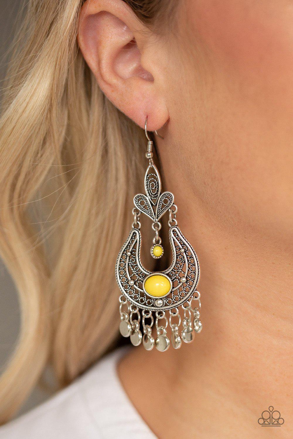 Fiesta Flair Yellow and Silver Earrings - Paparazzi Accessories- on model - CarasShop.com - Paparazzi Jewelry by Cara Jewels