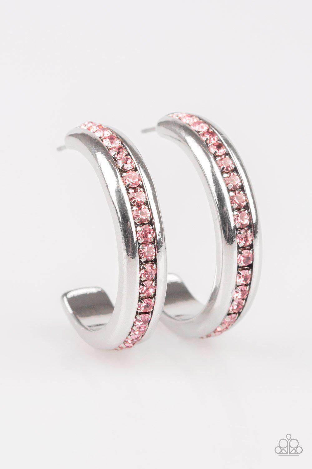 Fifth Avenue Fashionista Pink and Silver Hoop Earrings - Paparazzi Accessories- lightbox - CarasShop.com - Paparazzi Jewelry by Cara Jewels