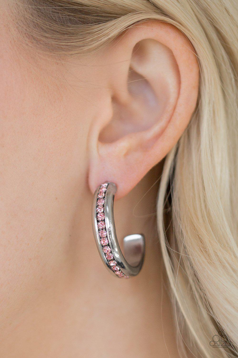 Fifth Avenue Fashionista Pink and Silver Hoop Earrings - Paparazzi Accessories- on model - CarasShop.com - Paparazzi Jewelry by Cara Jewels