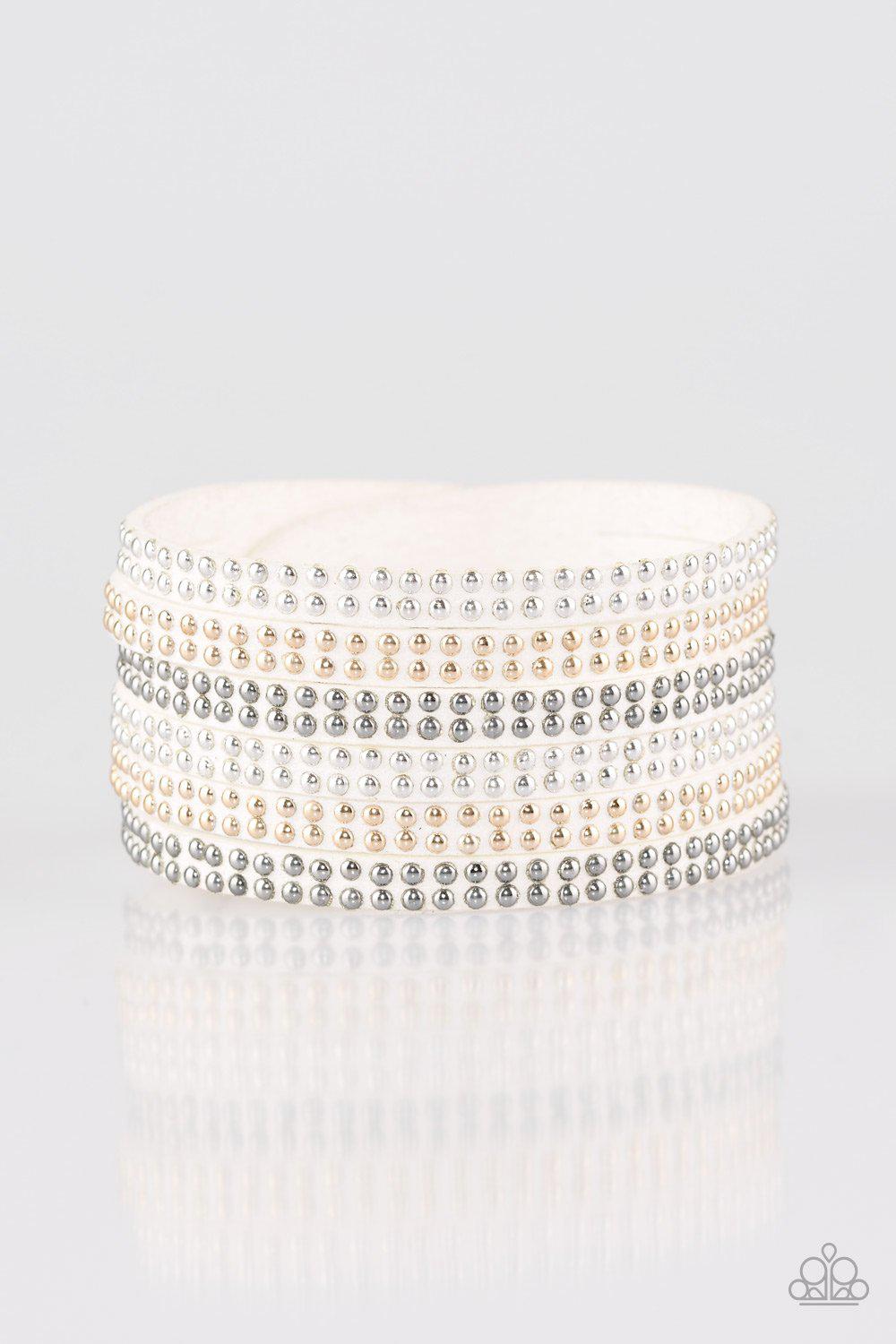 Fight Fire With Fire White Silver and Gold Urban Wrap Snap Bracelet - Paparazzi Accessories- lightbox - CarasShop.com - Paparazzi Jewelry by Cara Jewels