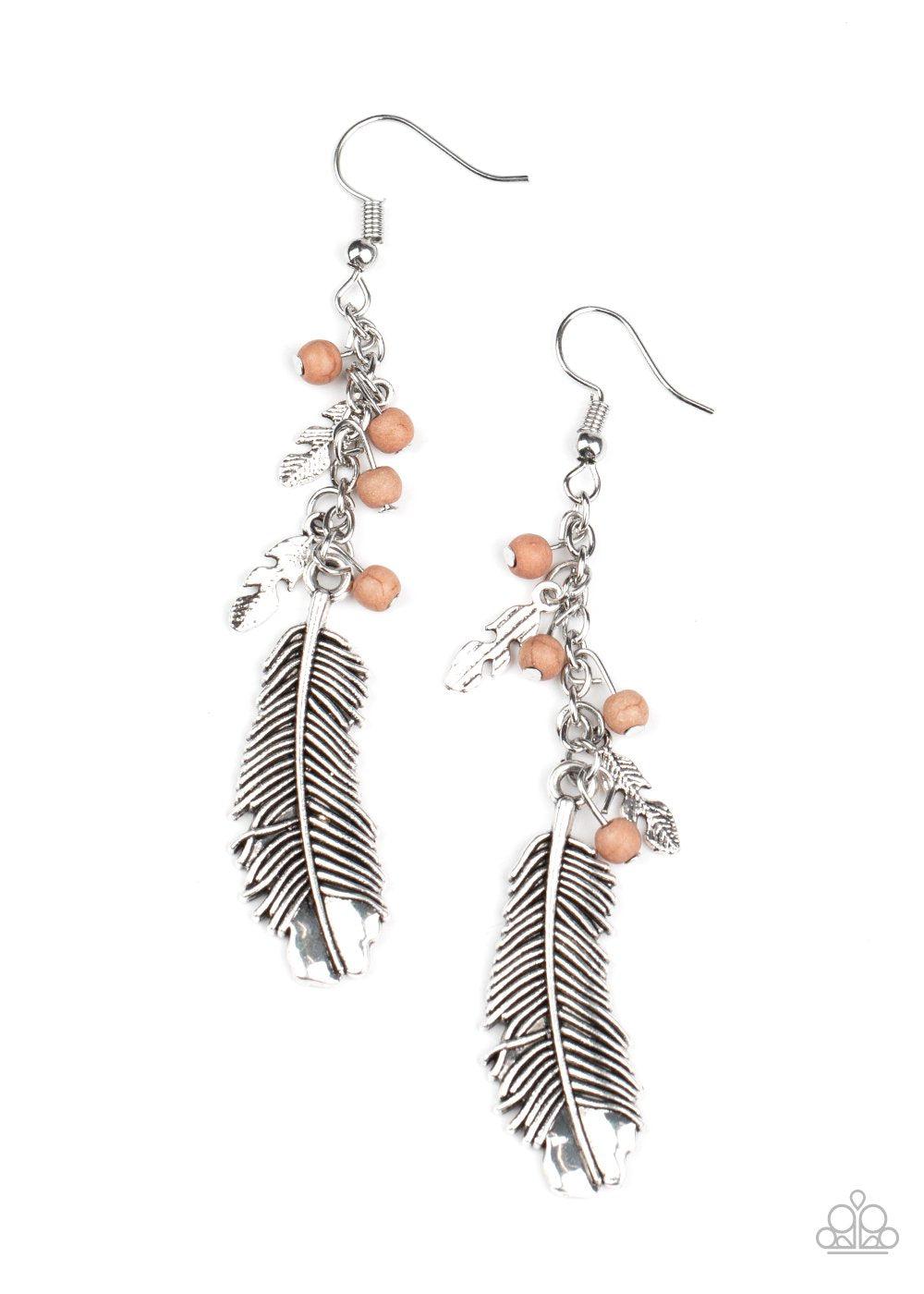 Find Your Flock Brown and Silver Feather Earrings - Paparazzi Accessories- lightbox - CarasShop.com - Paparazzi Jewelry by Cara Jewels