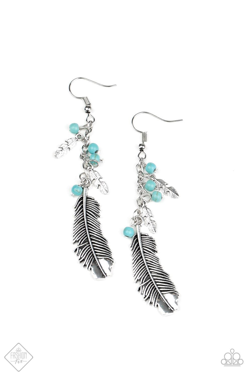 Find Your Flock Turquoise Blue Stone and Feather Earrings - Paparazzi Accessories- lightbox - CarasShop.com - Paparazzi Jewelry by Cara Jewels
