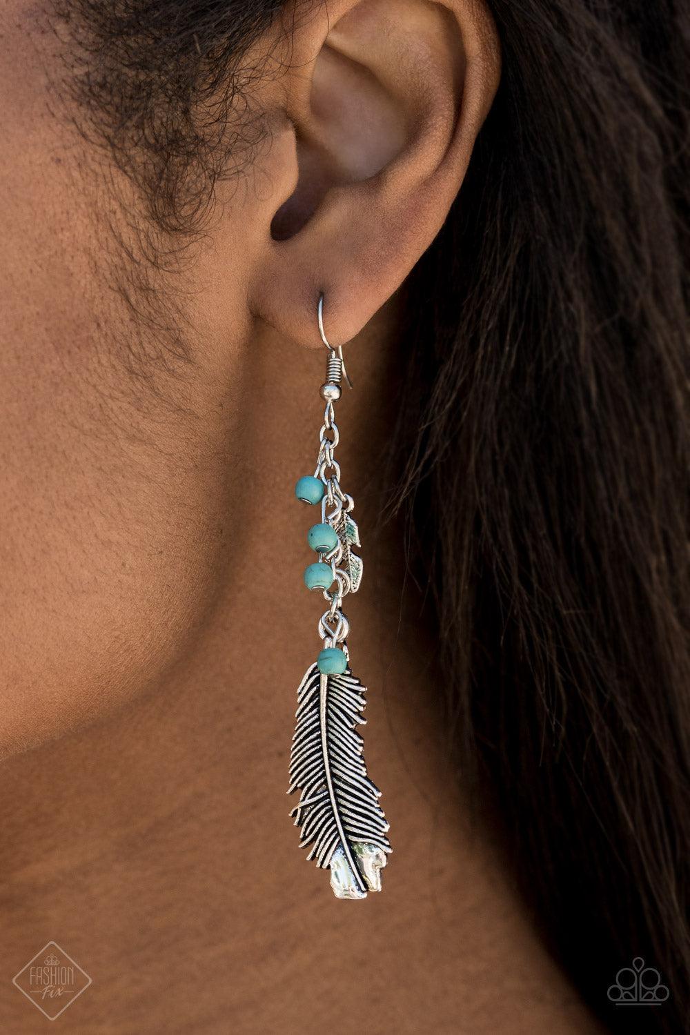 Find Your Flock Turquoise Blue Stone and Feather Earrings - Paparazzi Accessories- on model - CarasShop.com - Paparazzi Jewelry by Cara Jewels