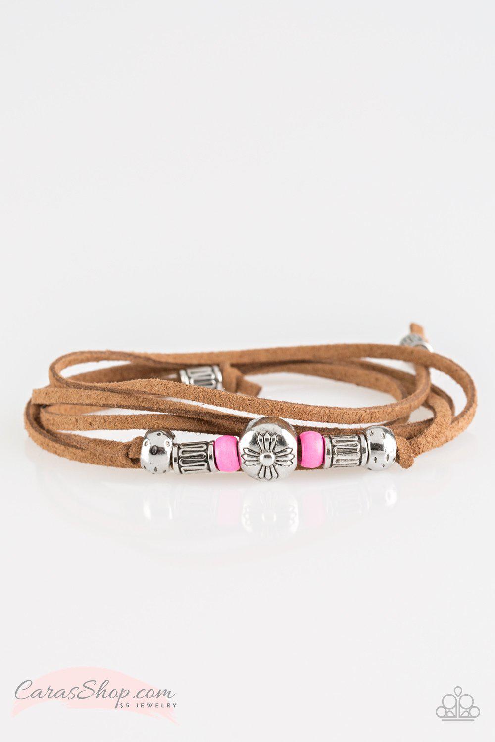 Find Your Way Suede and Pink Bead Urban Tie Bracelet - Paparazzi Accessories- lightbox - CarasShop.com - Paparazzi Jewelry by Cara Jewels
