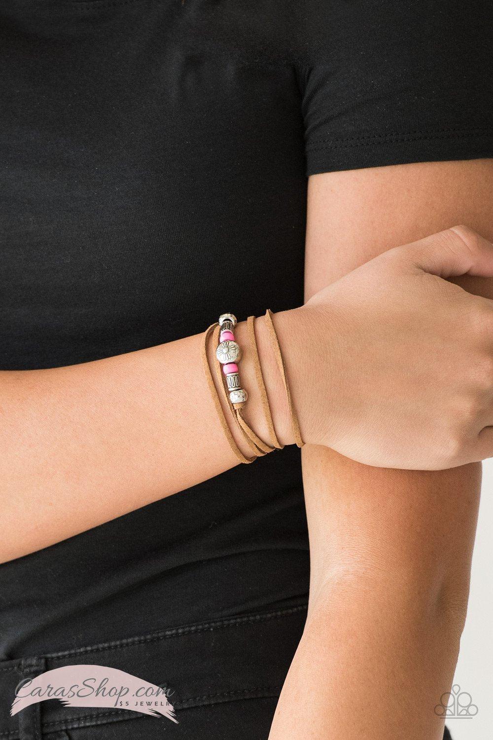 Find Your Way Suede and Pink Bead Urban Tie Bracelet - Paparazzi Accessories- lightbox - CarasShop.com - Paparazzi Jewelry by Cara Jewels
