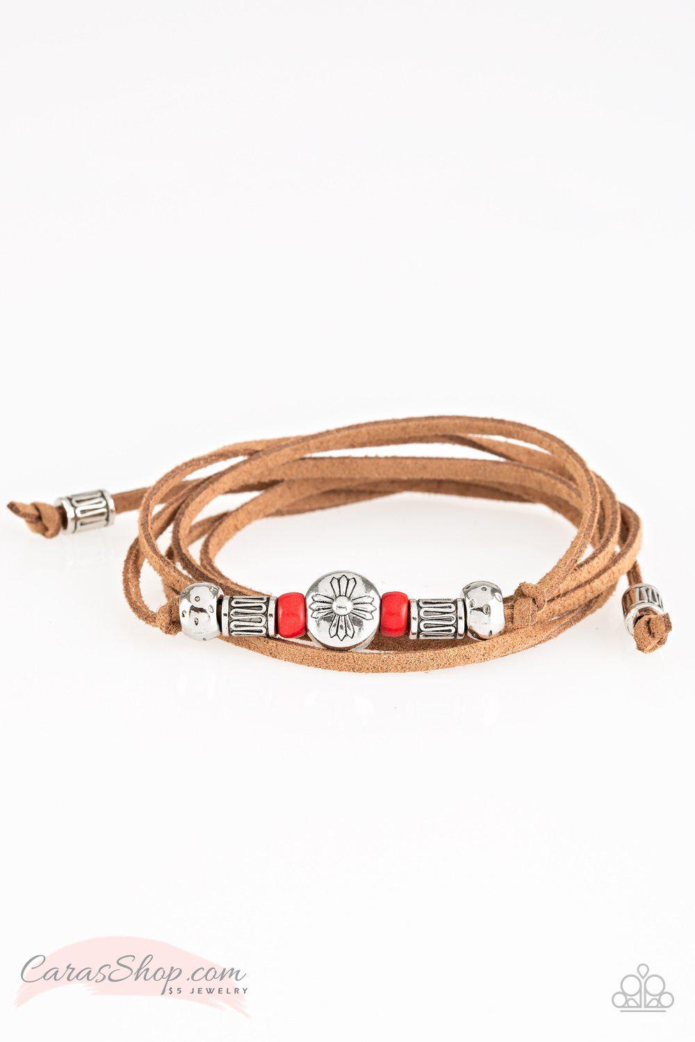 Find Your Way Suede and Red Bead Urban Tie Bracelet - Paparazzi Accessories- lightbox - CarasShop.com - Paparazzi Jewelry by Cara Jewels