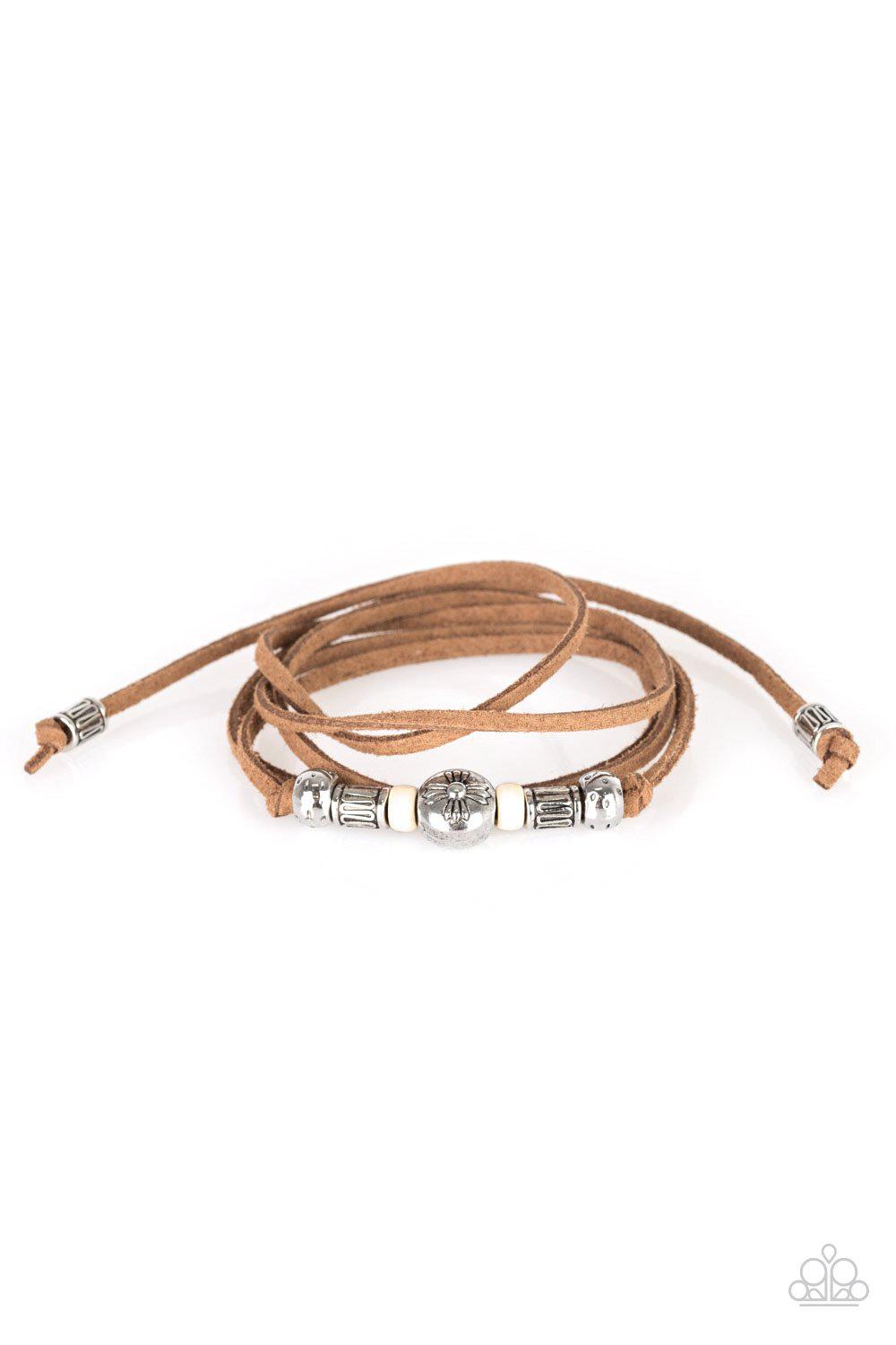 Find Your Way White and Brown Suede Urban Tie Wrap Bracelet - Paparazzi Accessories- lightbox - CarasShop.com - Paparazzi Jewelry by Cara Jewels