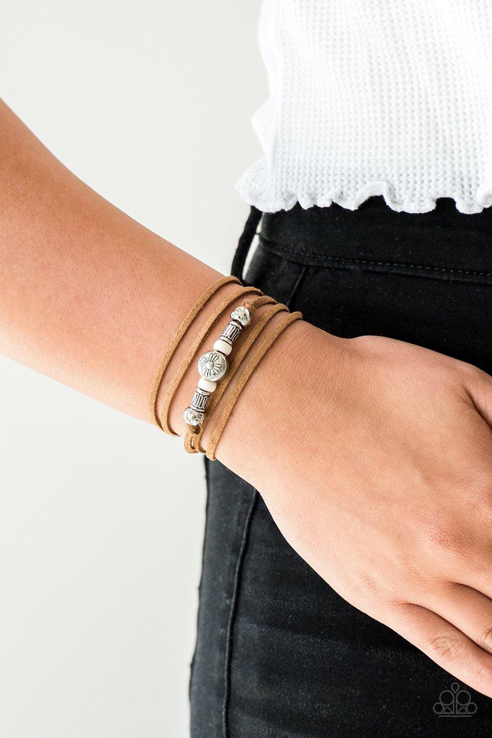 Find Your Way White and Brown Suede Urban Tie Wrap Bracelet - Paparazzi Accessories- on model - CarasShop.com - Paparazzi Jewelry by Cara Jewels