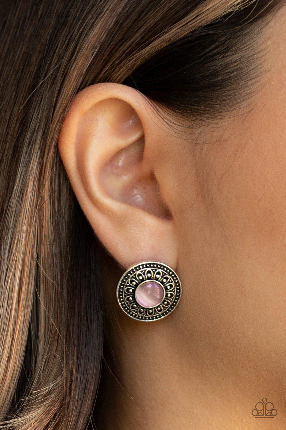 Fine Flora Pink Cat's Eye Moonstone Post Earrings - Paparazzi Accessories- on model - CarasShop.com - Paparazzi Jewelry by Cara Jewels