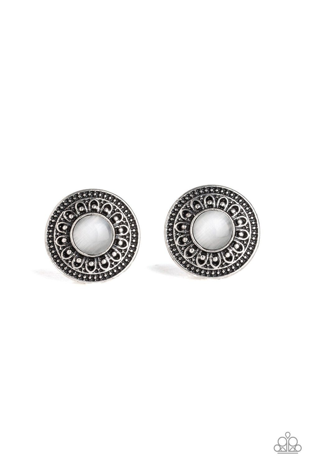 Fine Flora White Cat's Eye Moonstone Post Earrings - Paparazzi Accessories- lightbox - CarasShop.com - Paparazzi Jewelry by Cara Jewels