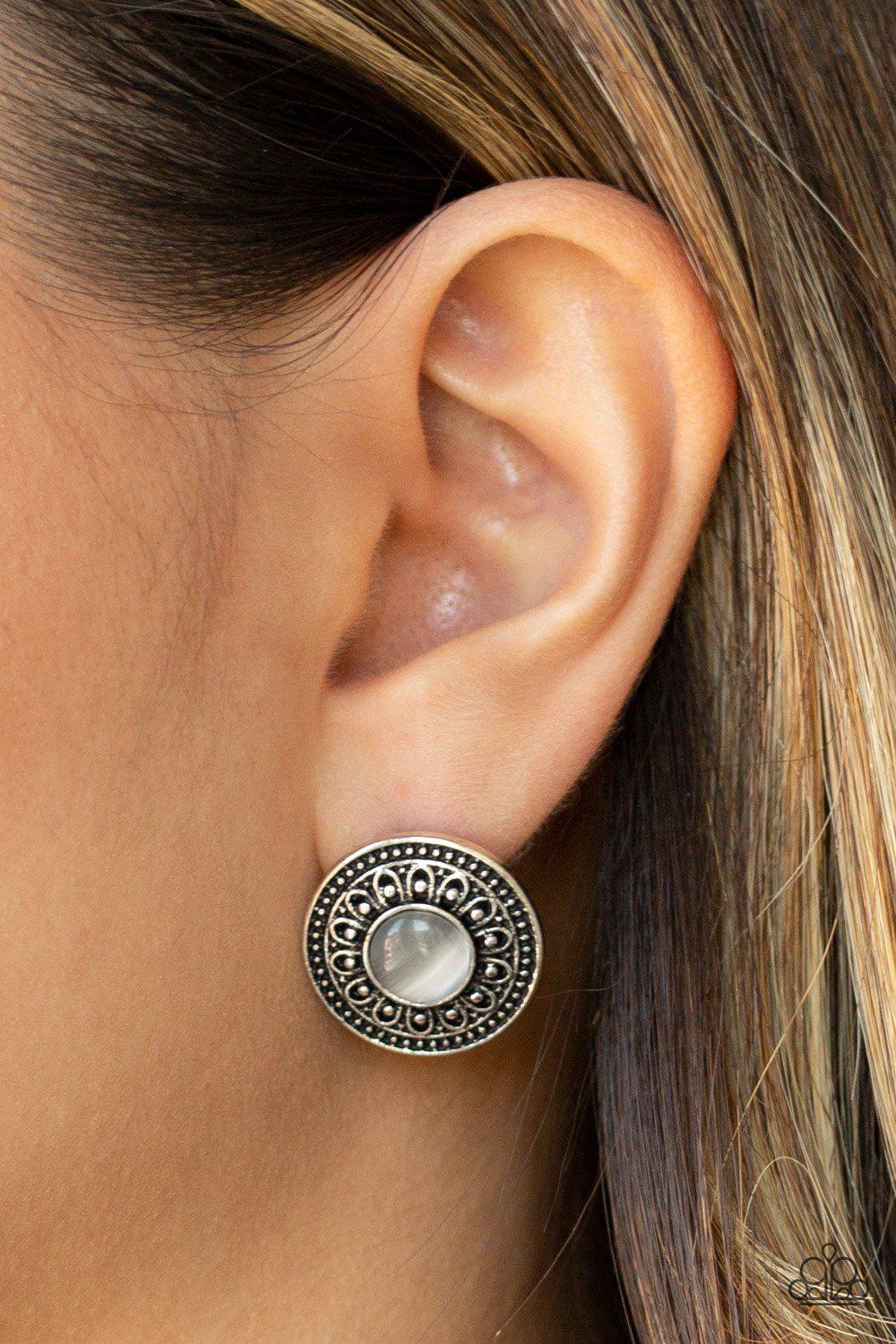 Fine Flora White Cat's Eye Moonstone Post Earrings - Paparazzi Accessories- on model - CarasShop.com - Paparazzi Jewelry by Cara Jewels