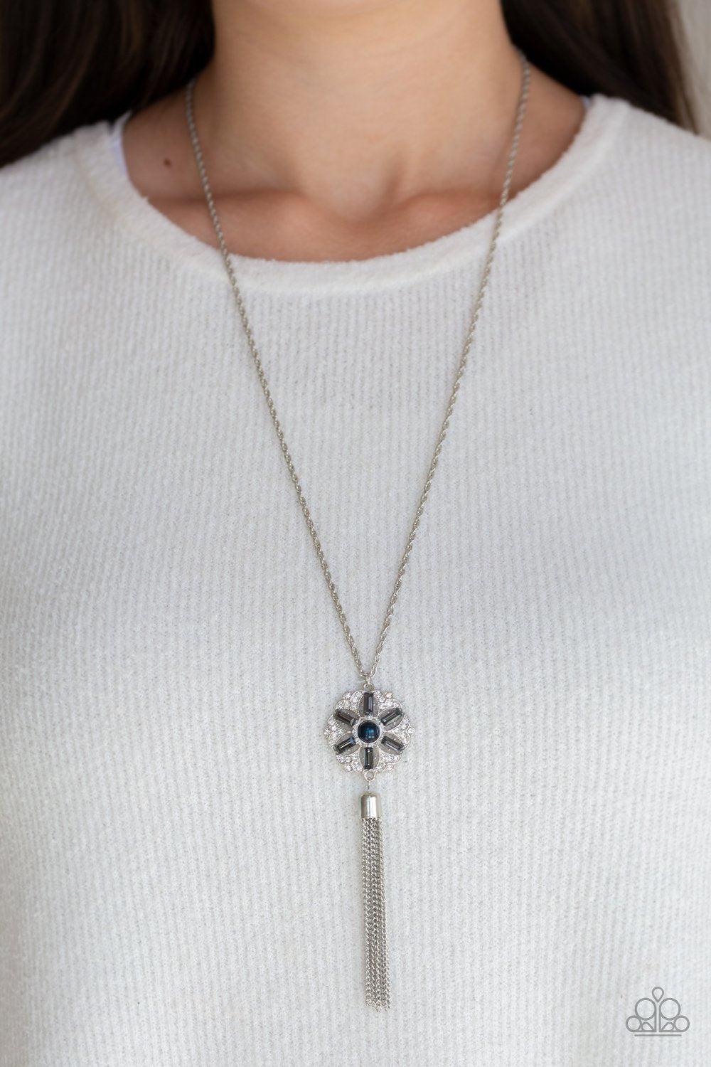 Fine Florals Blue Pearl and Silver Rhinestone Flower Necklace - Paparazzi Accessories- on model - CarasShop.com - Paparazzi Jewelry by Cara Jewels