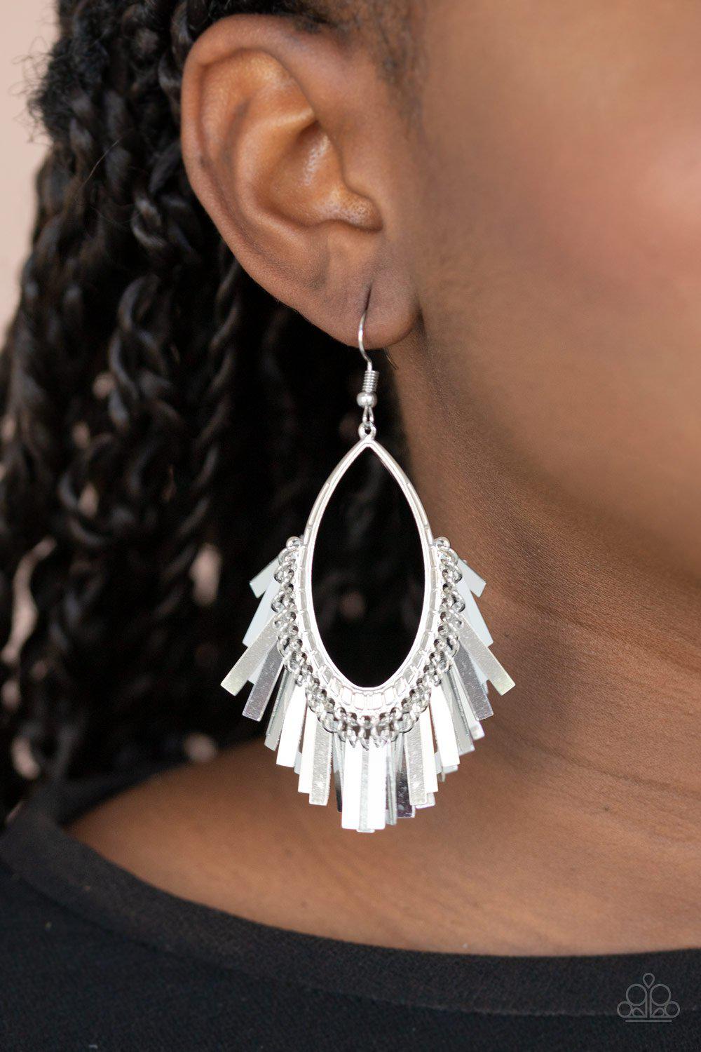 Fine-Tuned Machine Silver Fringe Earrings - Paparazzi Accessories- on model - CarasShop.com - Paparazzi Jewelry by Cara Jewels