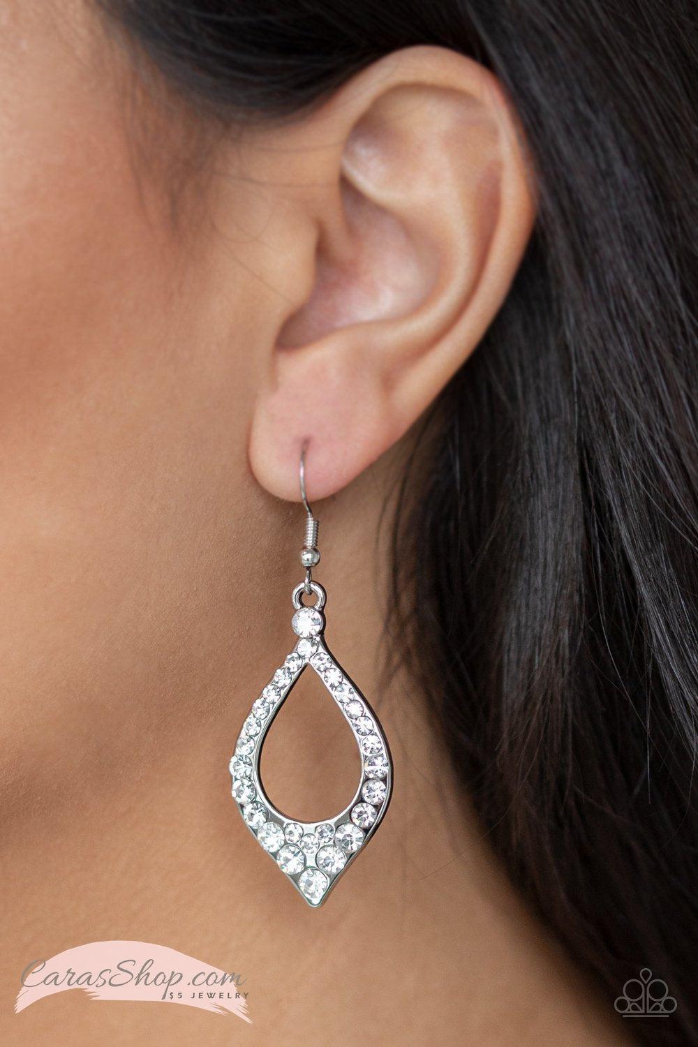 Finest First Lady White Earrings - Paparazzi Accessories- on model - CarasShop.com - Paparazzi Jewelry by Cara Jewels