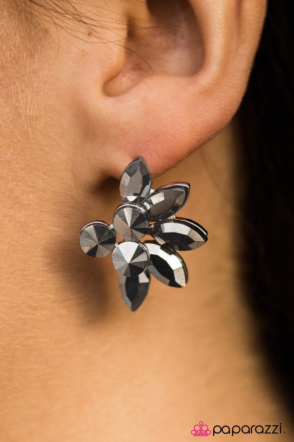 Firework Fanatic Silver Hematite Earrings - Paparazzi Accessories- on model - CarasShop.com - Paparazzi Jewelry by Cara Jewels