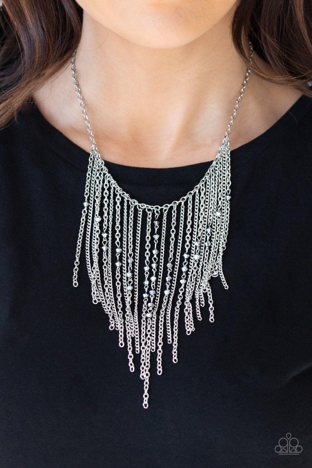 First Class Fringe Silver Necklace - Paparazzi Accessories- on model - CarasShop.com - Paparazzi Jewelry by Cara Jewels