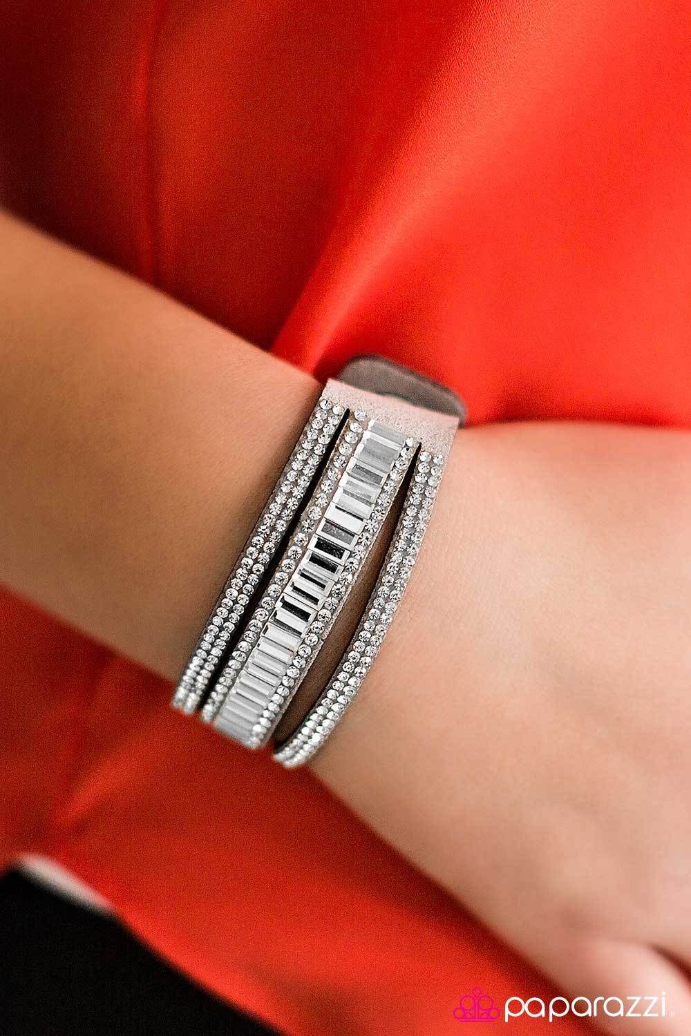 First Class Shimmer Silver Urban Wrap Snap Bracelet - Paparazzi Accessories- on model - CarasShop.com - Paparazzi Jewelry by Cara Jewels