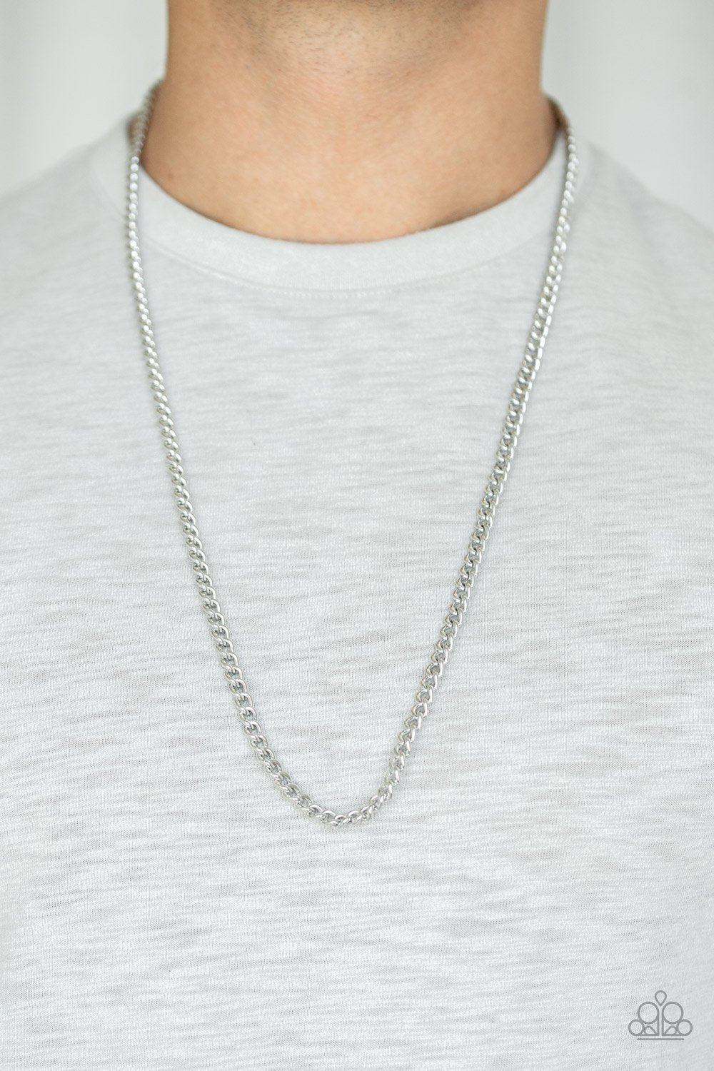 First Rule of Fight Club Men's Silver Necklace - Paparazzi Accessories- on model - CarasShop.com - Paparazzi Jewelry by Cara Jewels