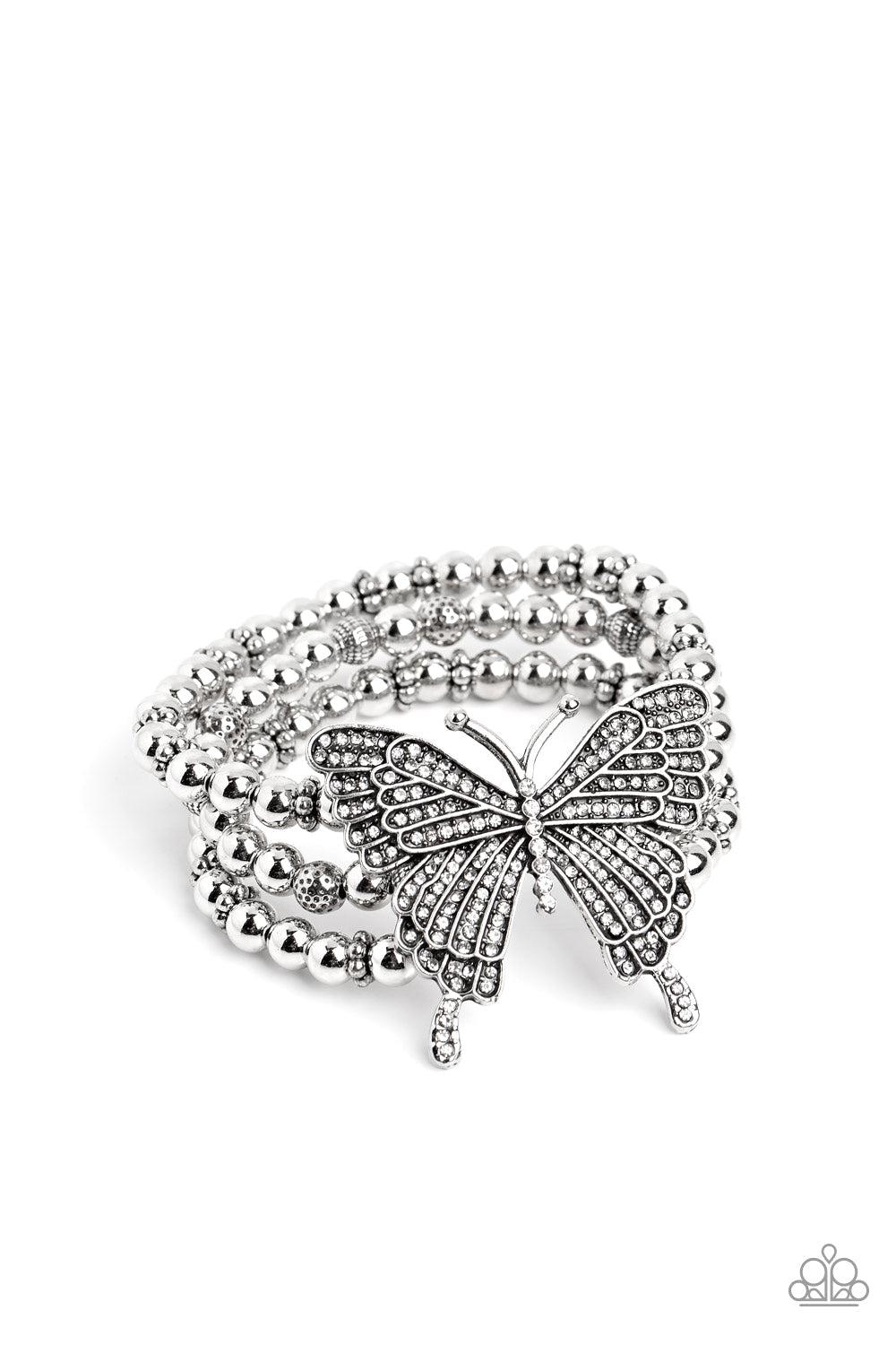 First WINGS First White Rhinestone Butterfly Bracelet - Paparazzi Accessories- lightbox - CarasShop.com - Paparazzi Jewelry by Cara Jewels