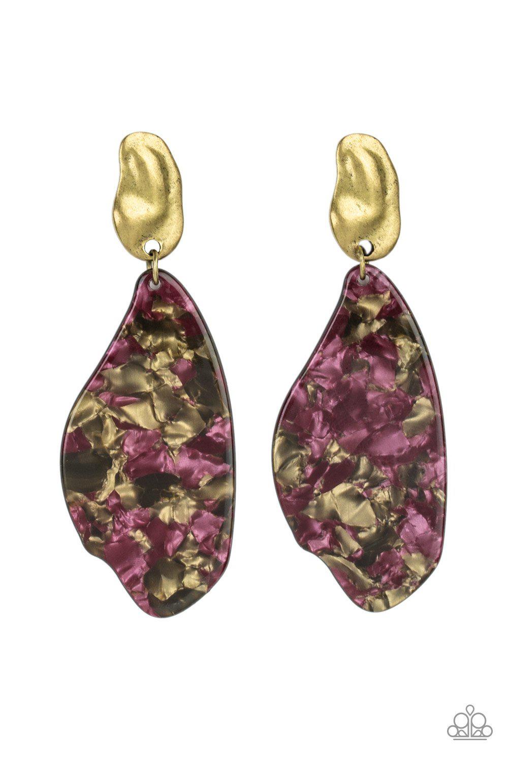 Fish Out of Water Brass and Purple Acrylic Earrings - Paparazzi Accessories- lightbox - CarasShop.com - Paparazzi Jewelry by Cara Jewels