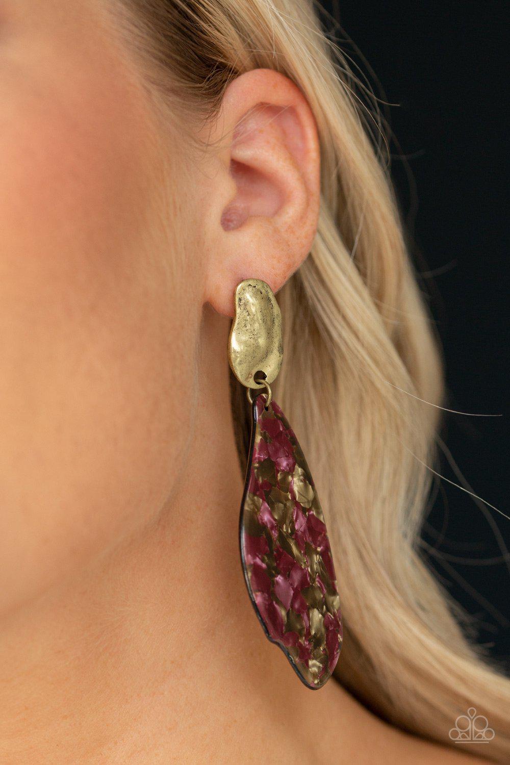 Fish Out of Water Brass and Purple Acrylic Earrings - Paparazzi Accessories- on model - CarasShop.com - Paparazzi Jewelry by Cara Jewels