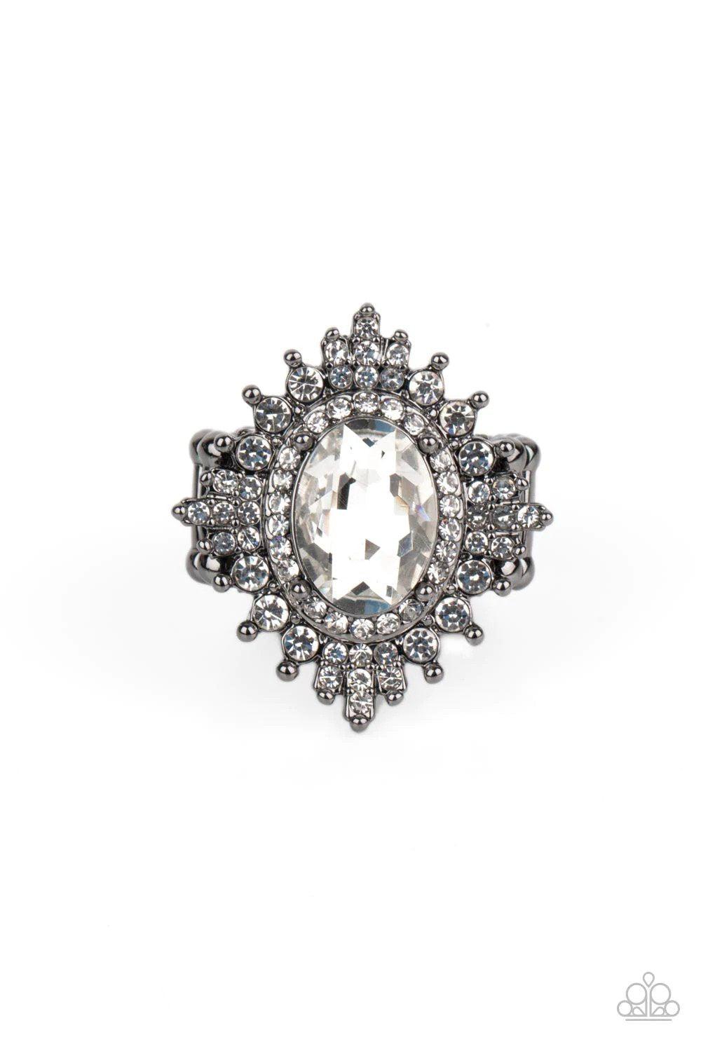 Five-Star Stunner Gunmetal Black & White Rhinestone Ring - Paparazzi Accessories- lightbox - CarasShop.com - Paparazzi Jewelry by Cara Jewels