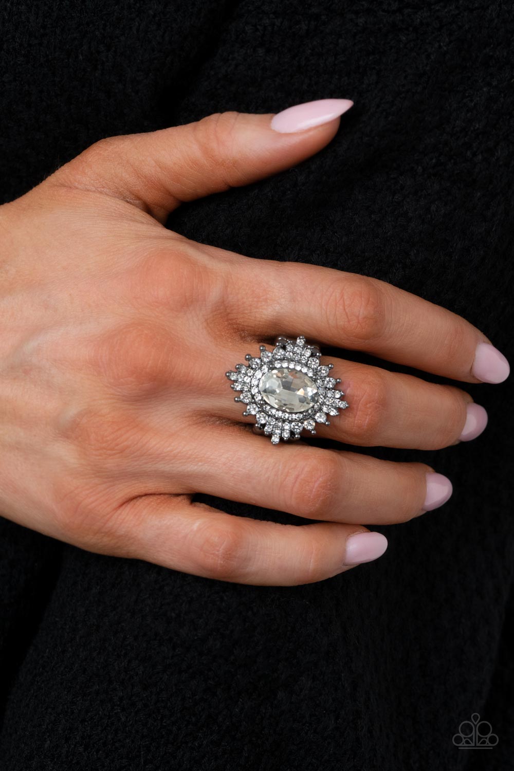 Five-Star Stunner Gunmetal Black & White Rhinestone Ring - Paparazzi Accessories- on model - CarasShop.com - Paparazzi Jewelry by Cara Jewels