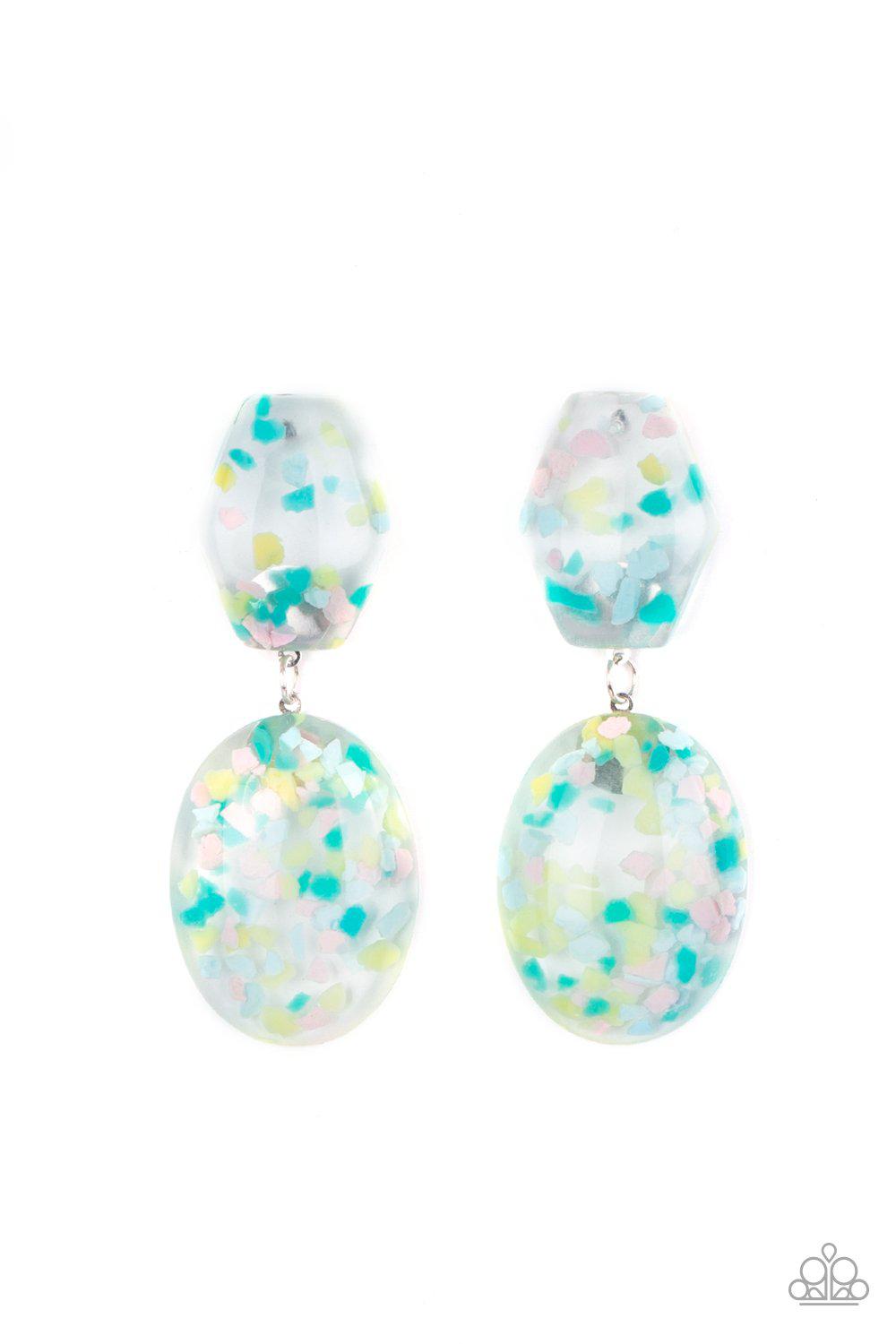 Flaky Fashion Multi Blue Confetti Acrylic Earrings - Paparazzi Accessories- lightbox - CarasShop.com - Paparazzi Jewelry by Cara Jewels