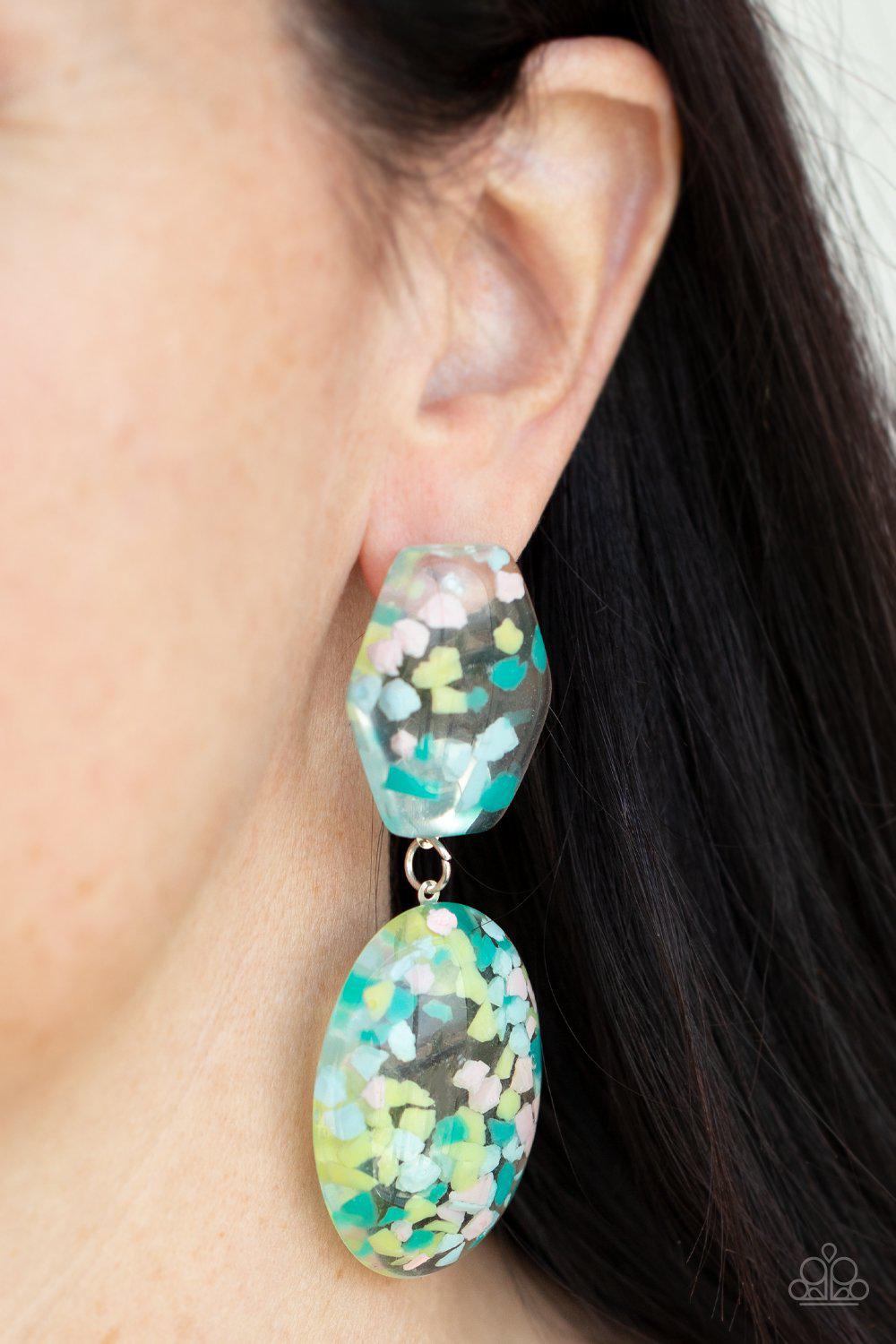 Flaky Fashion Multi Blue Confetti Acrylic Earrings - Paparazzi Accessories- lightbox - CarasShop.com - Paparazzi Jewelry by Cara Jewels