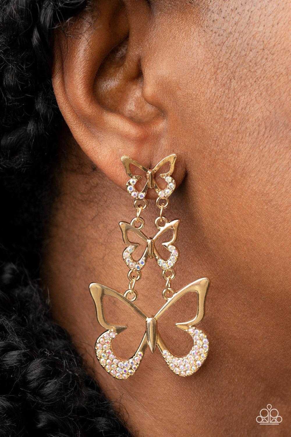 Flamboyant Flutter Multi Iridescent & Gold Butterfly Earrings - Paparazzi Accessories- on model - CarasShop.com - Paparazzi Jewelry by Cara Jewels