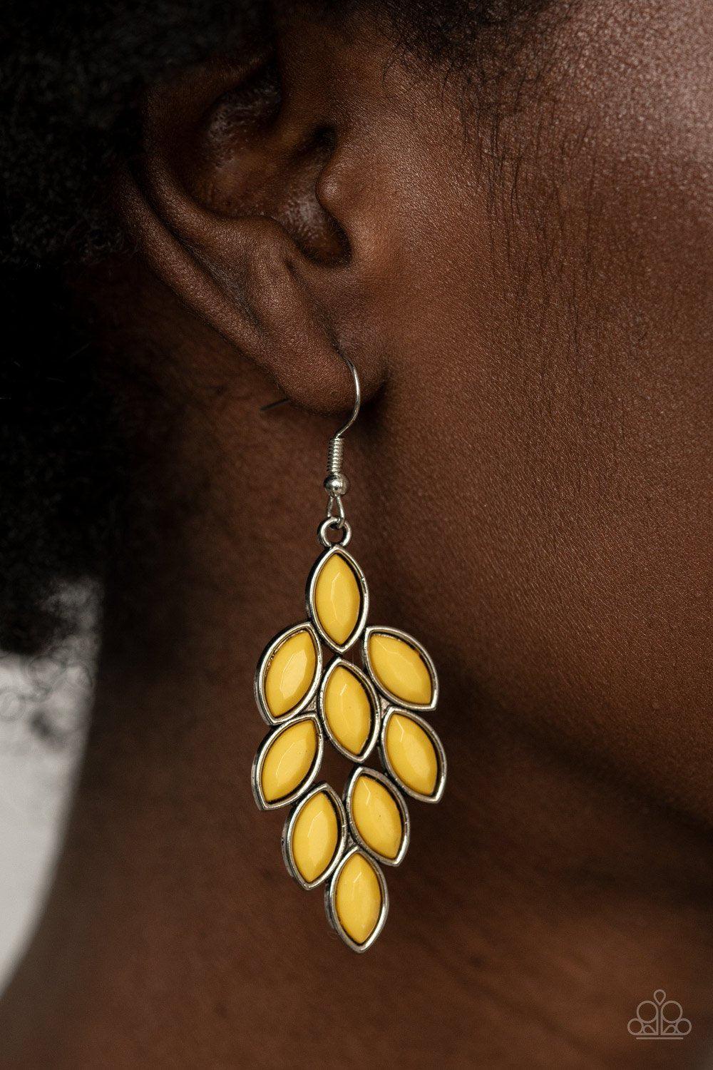 Flamboyant Foliage Yellow Earrings - Paparazzi Accessories- on model - CarasShop.com - Paparazzi Jewelry by Cara Jewels