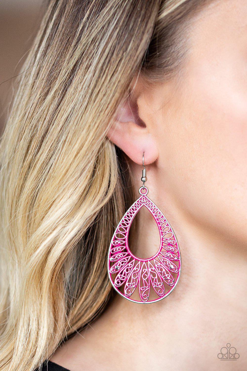 Flamingo Flamenco Pink Teardrop Earrings - Paparazzi Accessories- on model - CarasShop.com - Paparazzi Jewelry by Cara Jewels