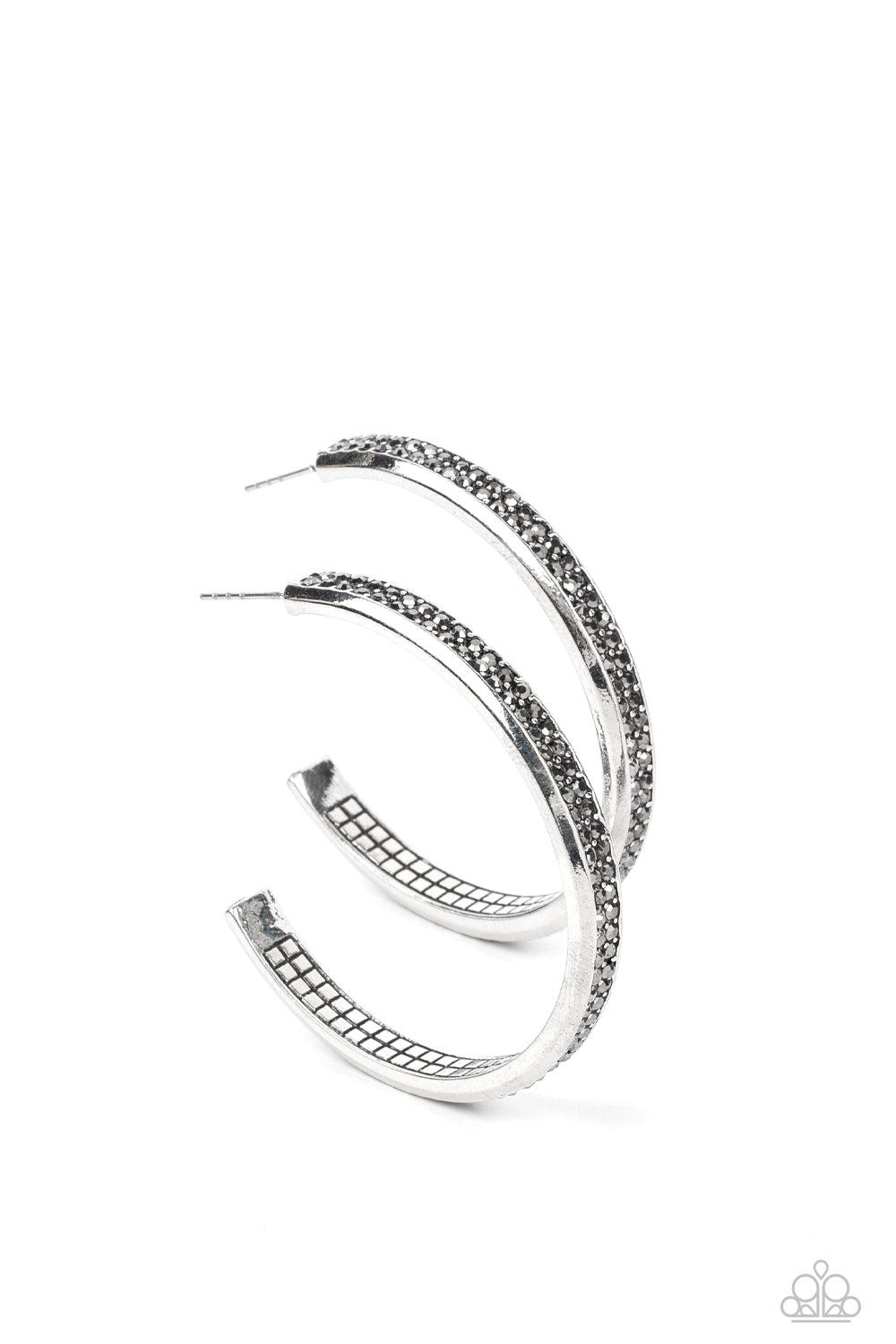 Flash Freeze Silver Hematite Rhinestone Hoop Earrings - Paparazzi Accessories- lightbox - CarasShop.com - Paparazzi Jewelry by Cara Jewels
