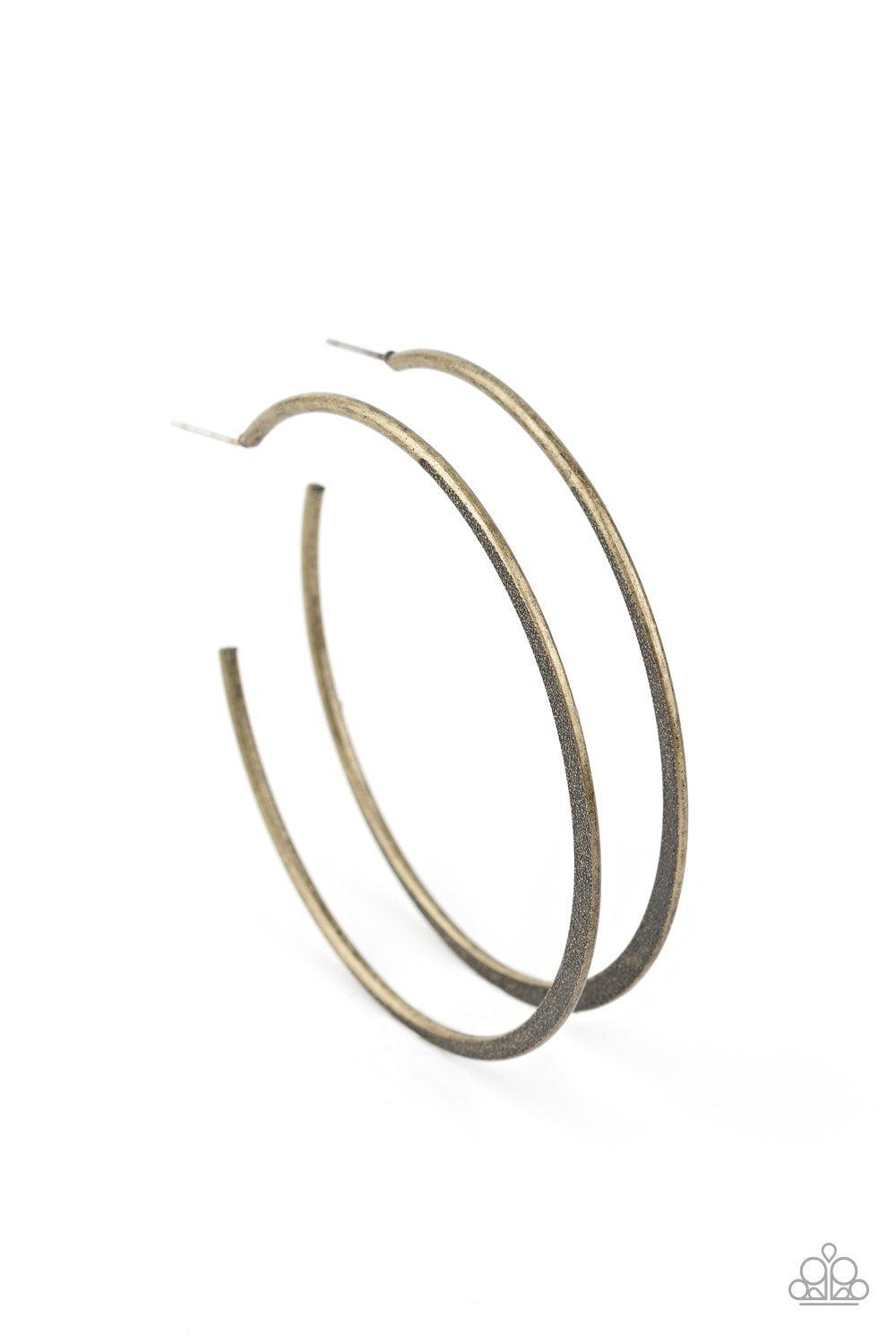 Flat Spin Brass Hoop Earrings - Paparazzi Accessories- lightbox - CarasShop.com - Paparazzi Jewelry by Cara Jewels